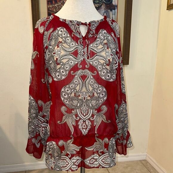 Chico’s Sheer Burgundy Paisley Ruffle Sleeve Tie Front Tunic Size 3 (XL) - Picture 3 of 11